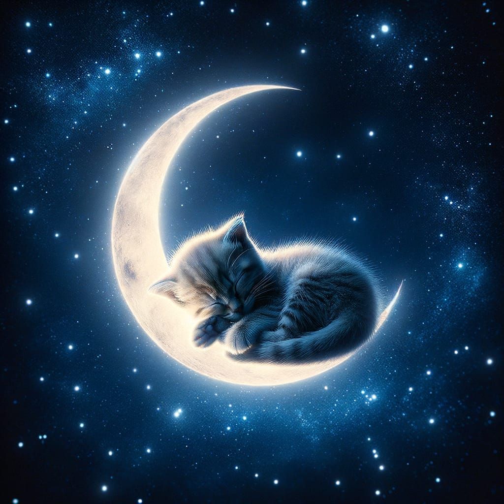 Serene Crescent Moon Scene with Sleeping Kitten