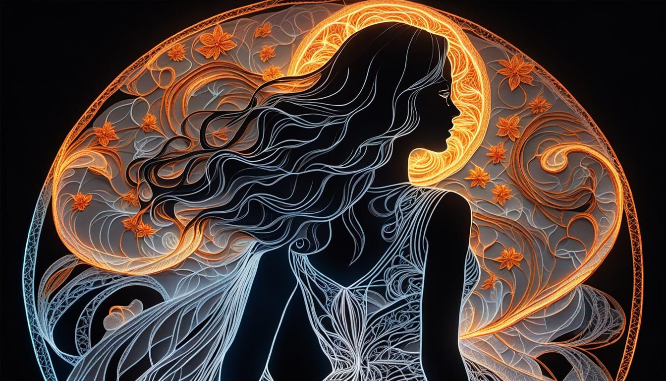 Backlit Woman with Incandescent Embroidery, Anime Art