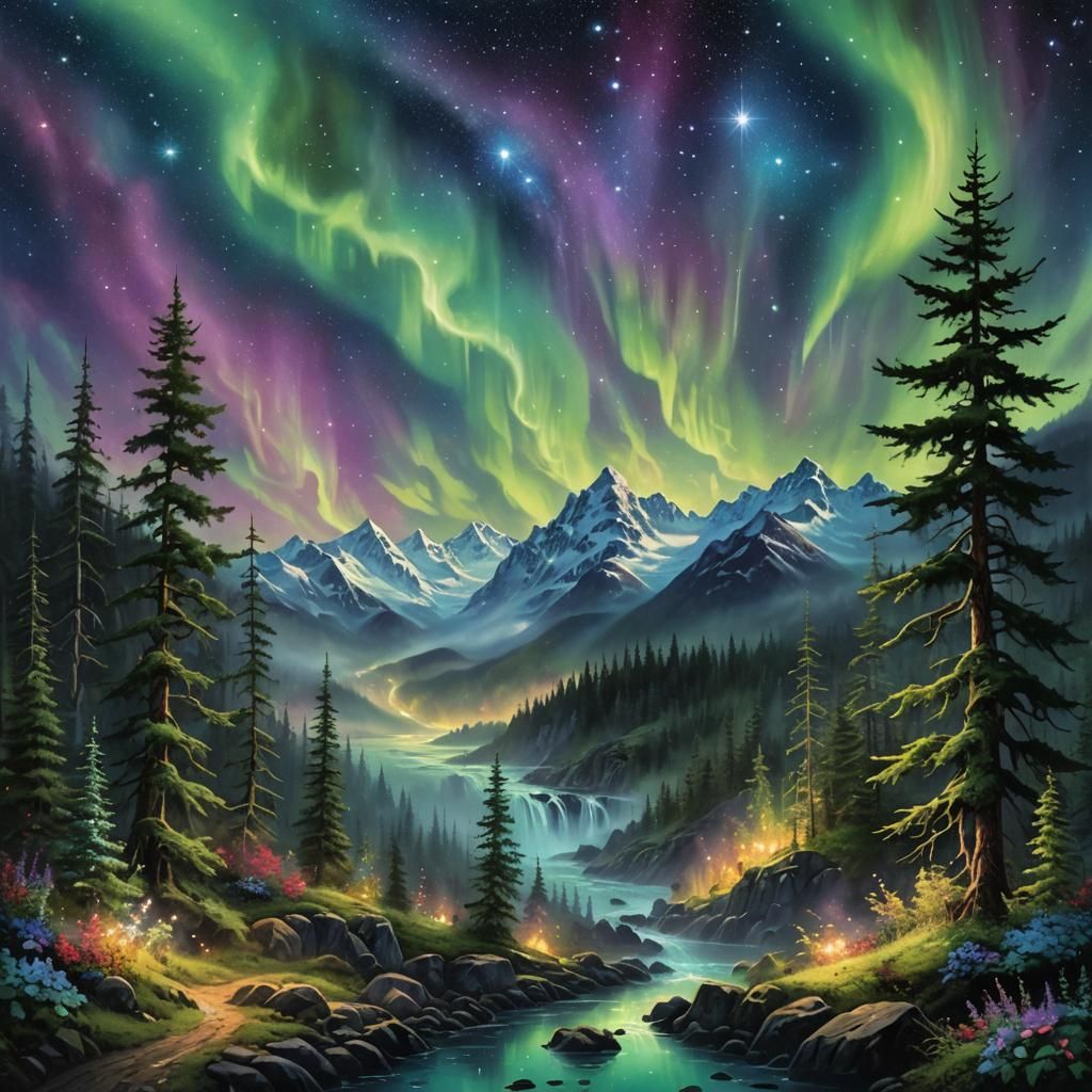 Alaska Night: Aurora Borealis Fantasy Landscape