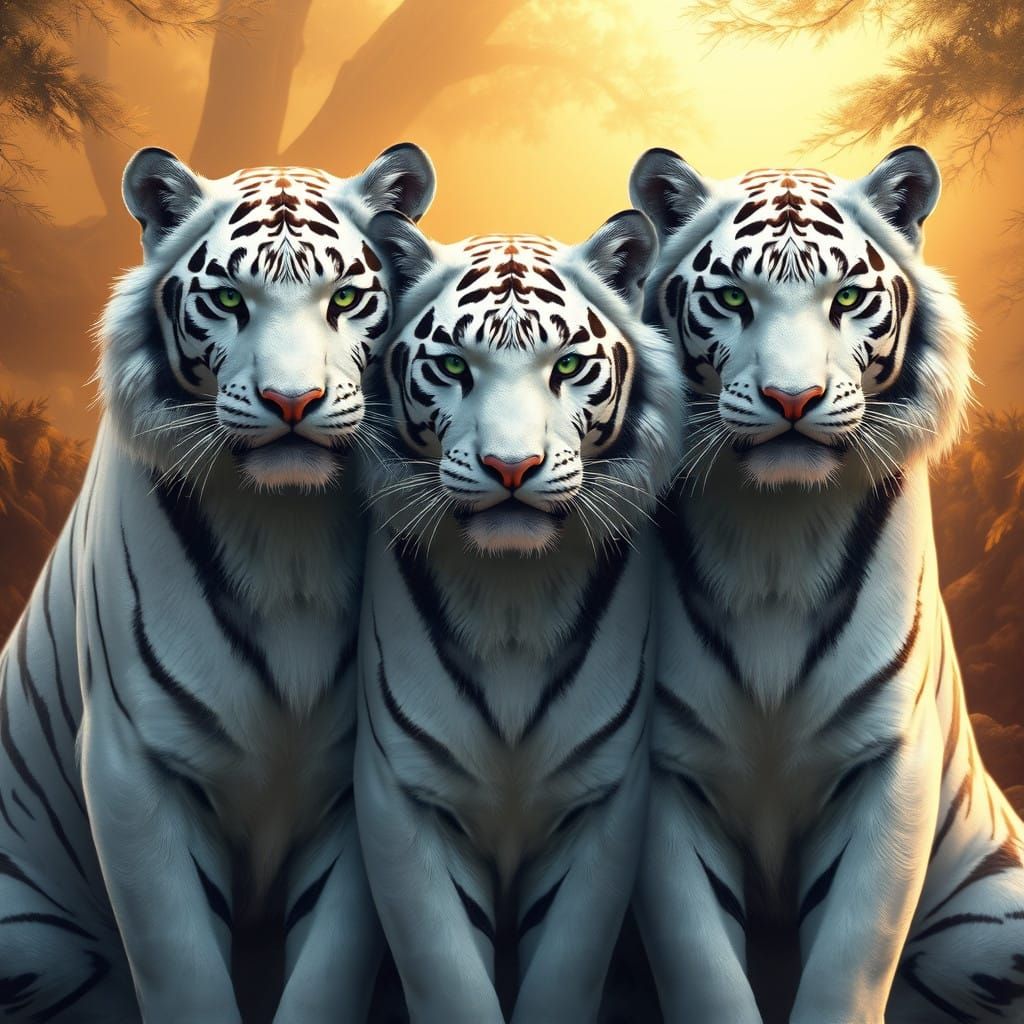 Majestic White Tigers in a Golden Haze