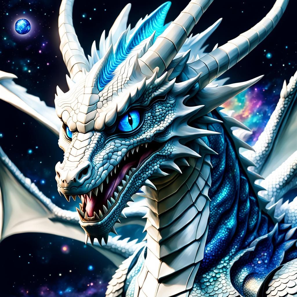 Cosmic White Dragon with Blue Eyes in Holographic Style