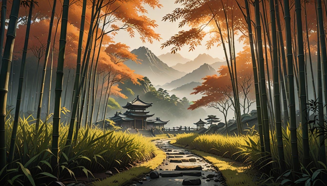 Feudal Japan Blade Slices Bamboo in Golden Hour Light