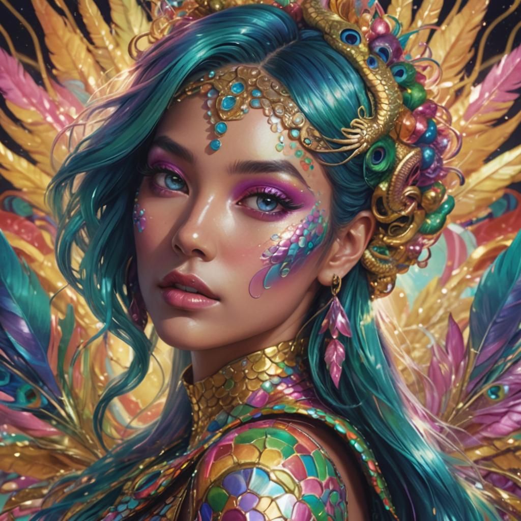 Rainbow Dragon Woman Portrait in 3D Art Style
