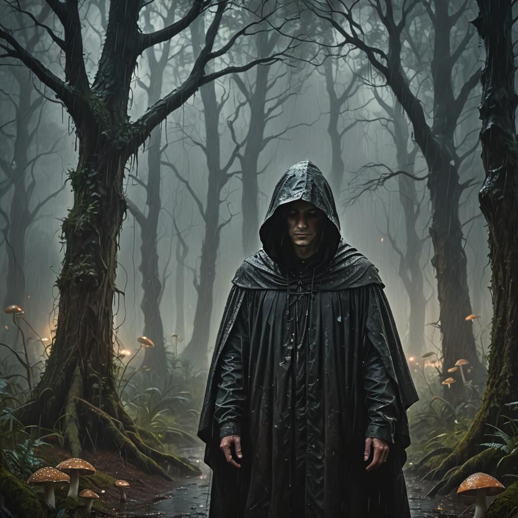 Hooded Figure in Mystical Forest Rain