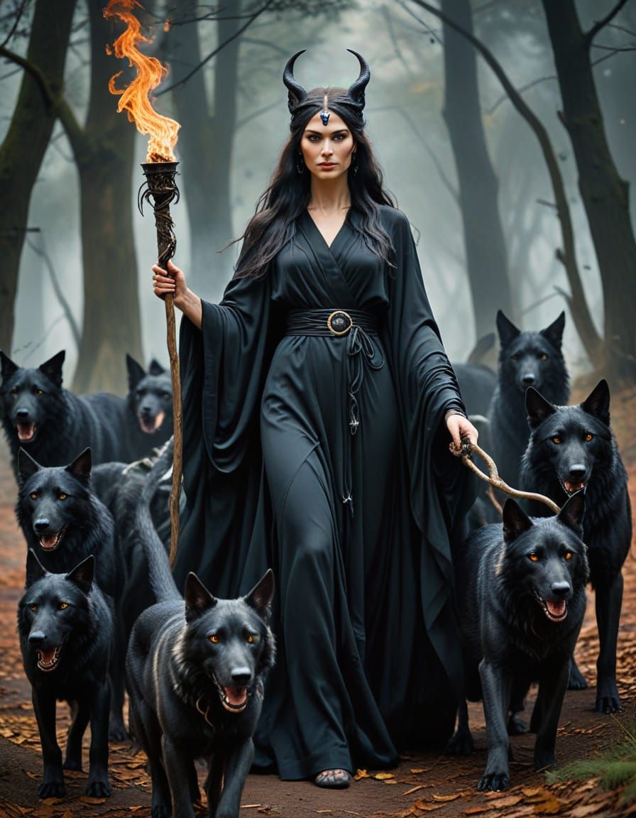 Hekate, Goddess of Witches, in Black Silken Robes with Torch...