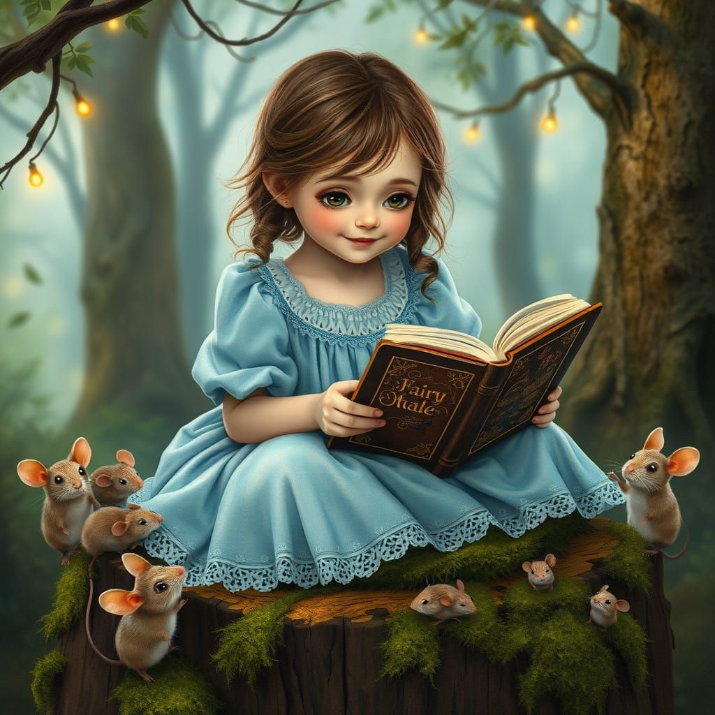 Whimsical Girl Reads Fairy Tale to Enchanted Mice in Moonlit...