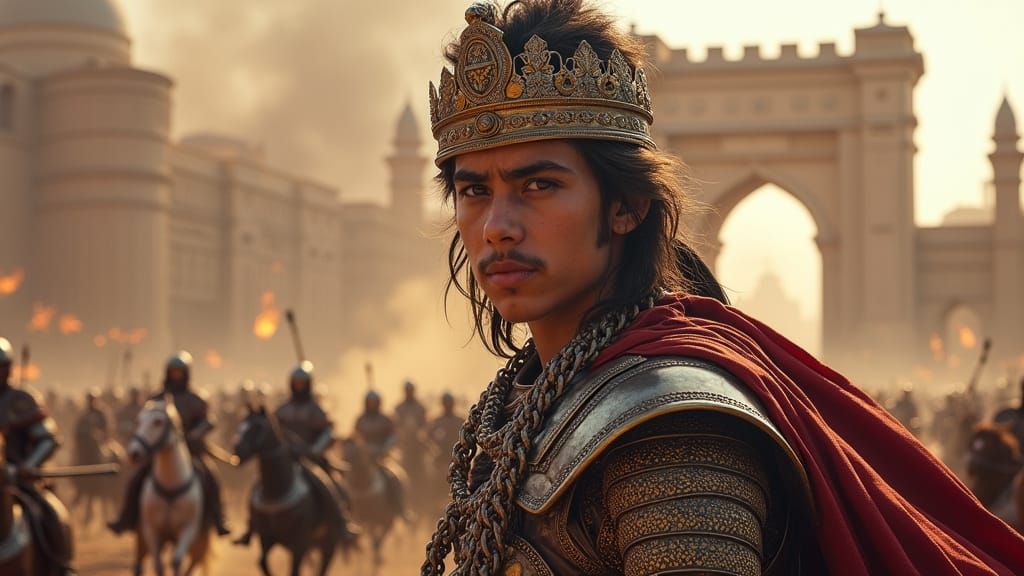 Regal Persian Warrior in Ancient Battle Scene, Inspired by P...