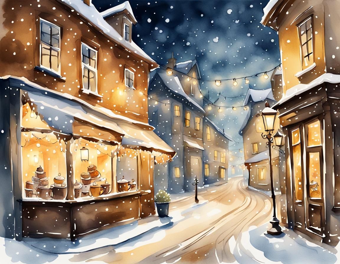 Whimsical Watercolor Village Scene with Warm Winter Lights