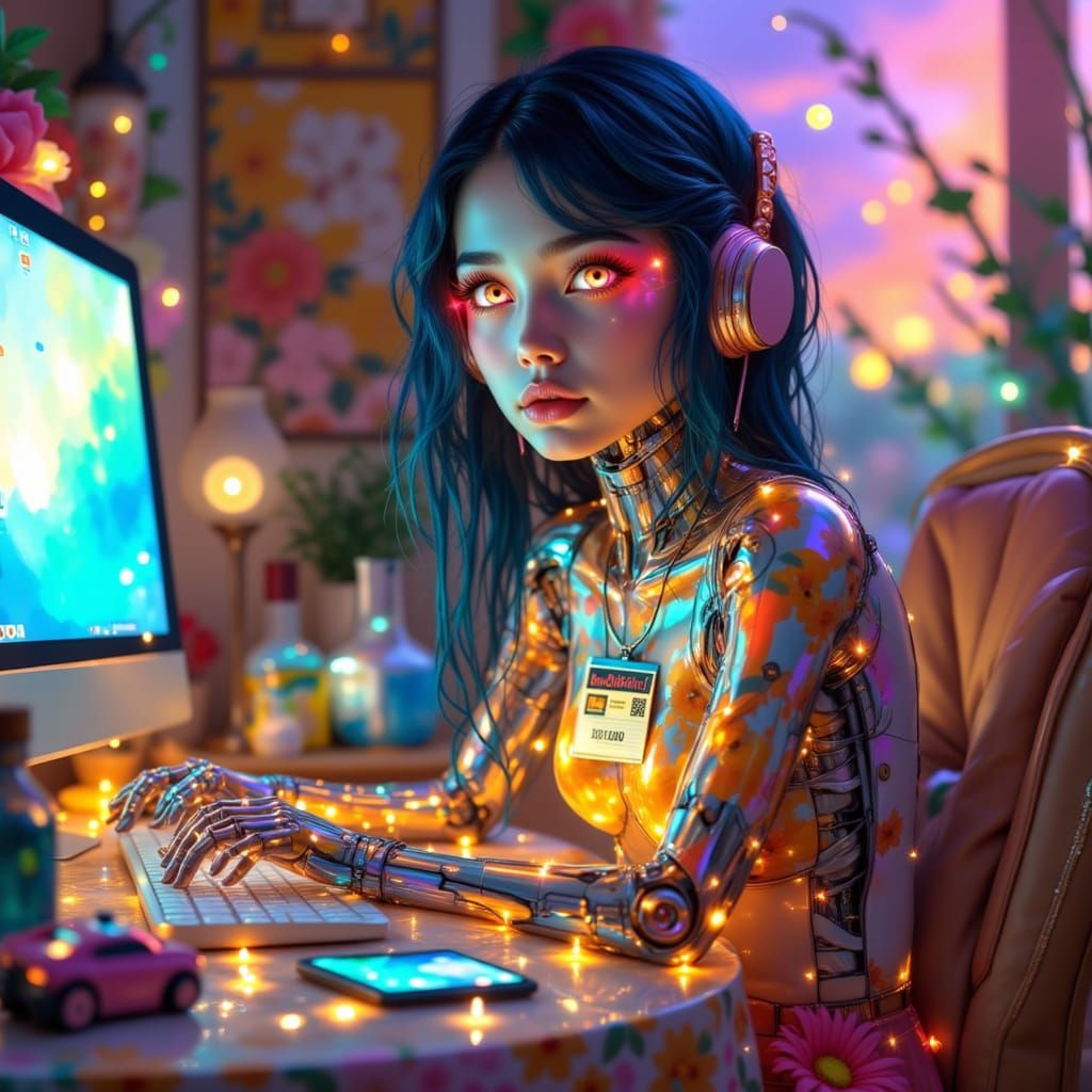 Realistic Cyborg Girl CEO in Cozy Bedroom