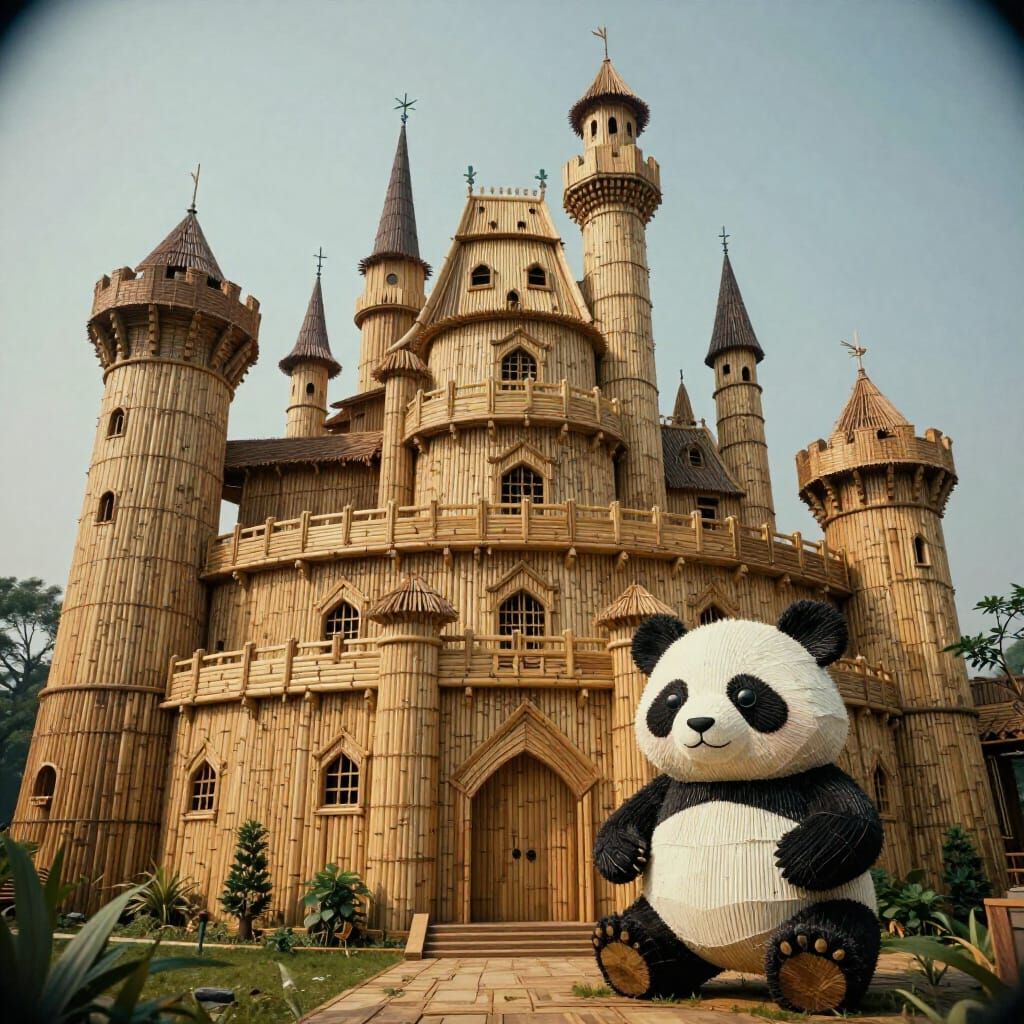 Bamboo Castle and Panda Figure in Cinematic Style