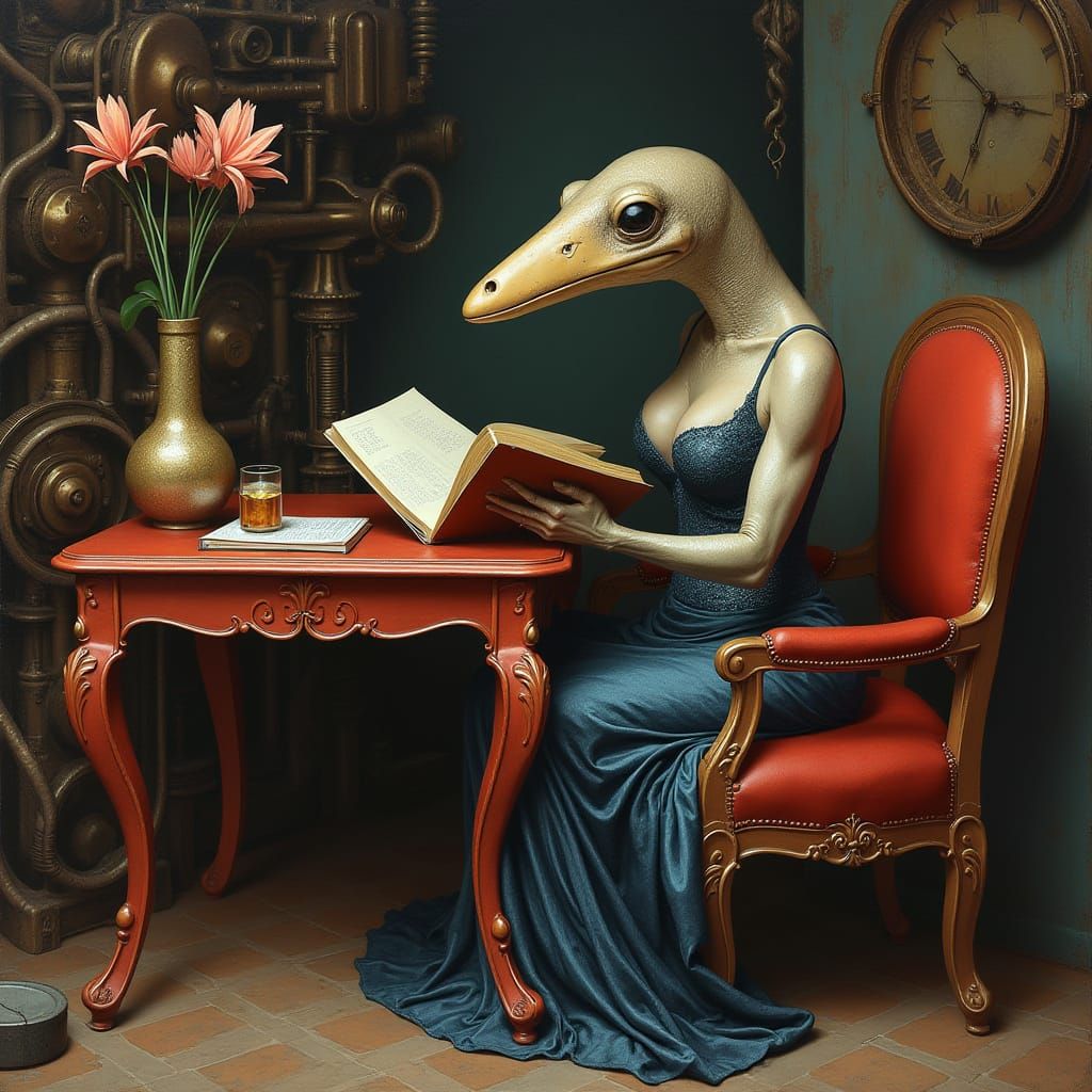 Elegant Platypus in Steampunk Study, by Night