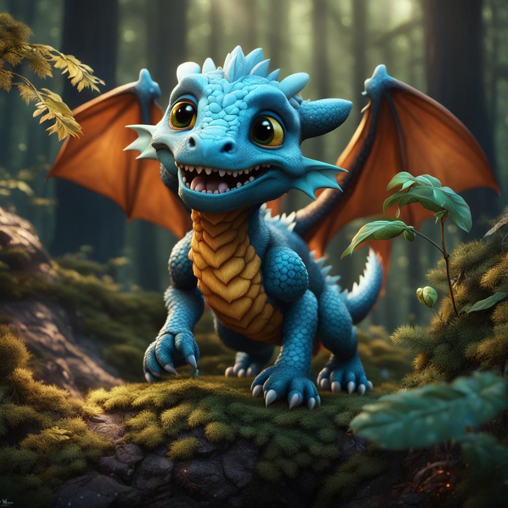 Enchanting Baby Dragon and Bird in Forest, Detailed Painting