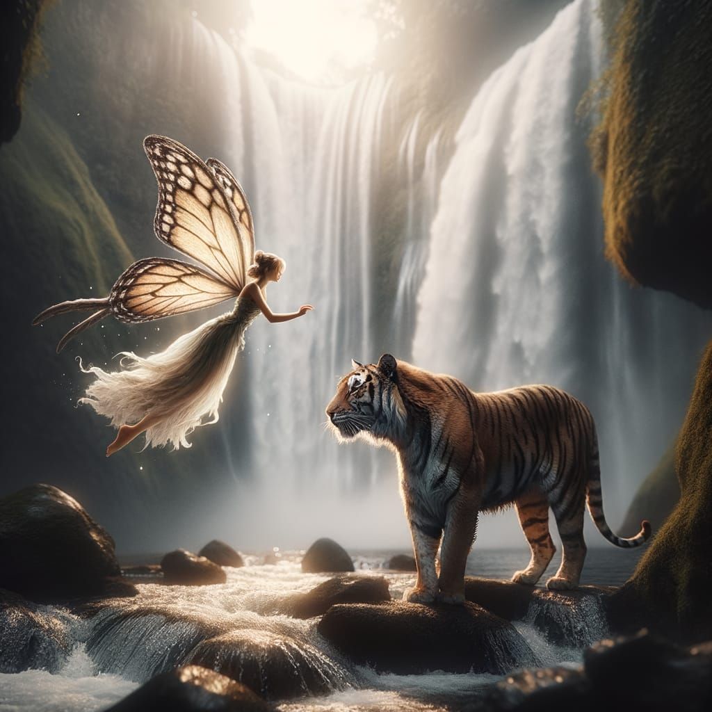 Fairy and Tiger near Waterfall in Hyperrealistic Style