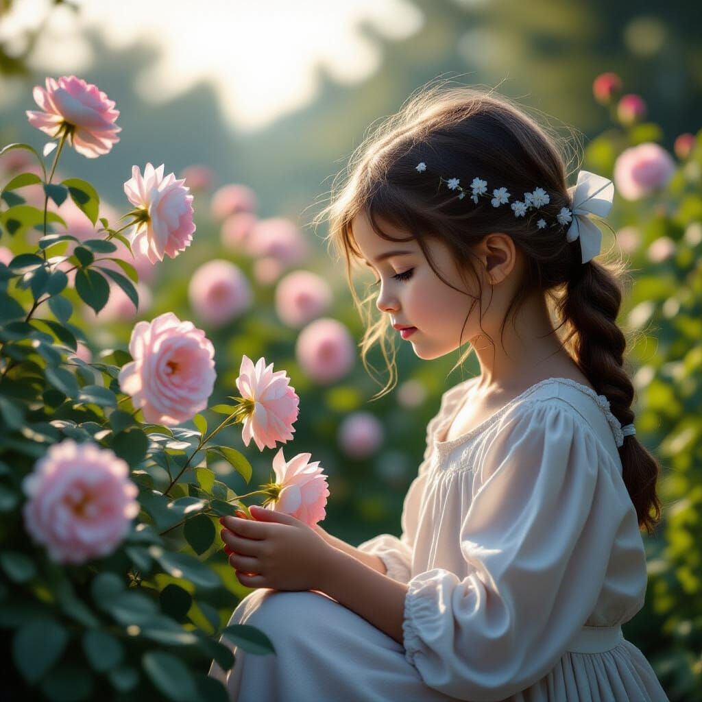 Girl Contemplating Rose Garden at Dawn in Painterly Style