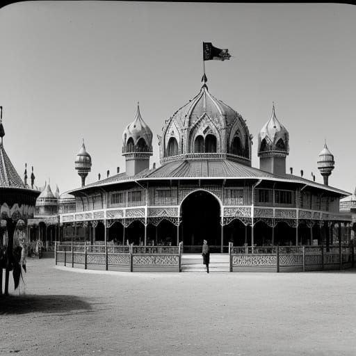 Eerie Moorish Revival Amusement Park in Black and White