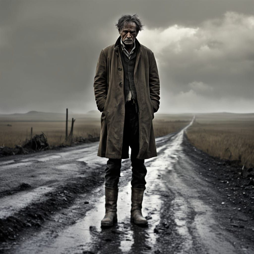 Man in Desolate Landscape, Earth-Toned Boots, Tattered Cloth...