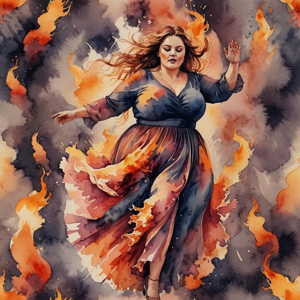 Woman Dancing in Fiery Sunset, Watercolor Style