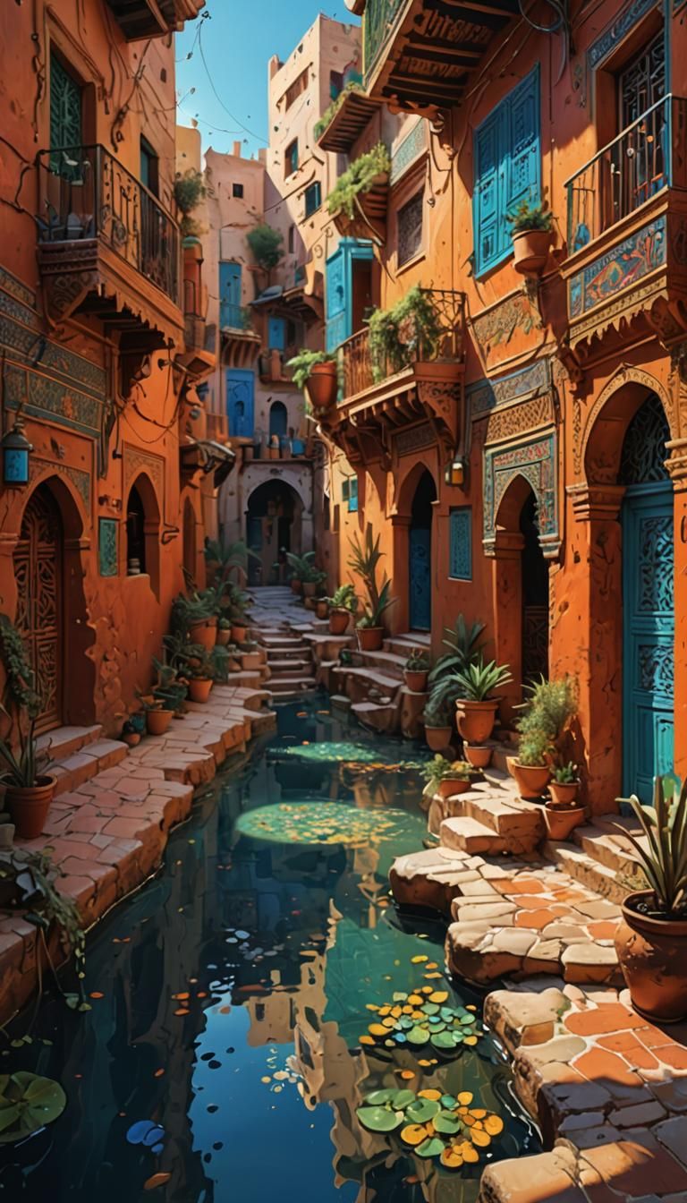 Moroccan Landscape Painting in Hyperrealistic Splash Art