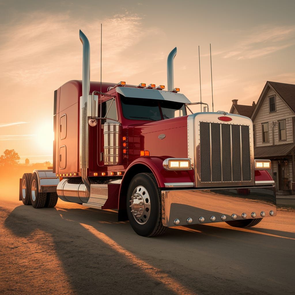 Red Semi-Truck at Sunset with Golden Light