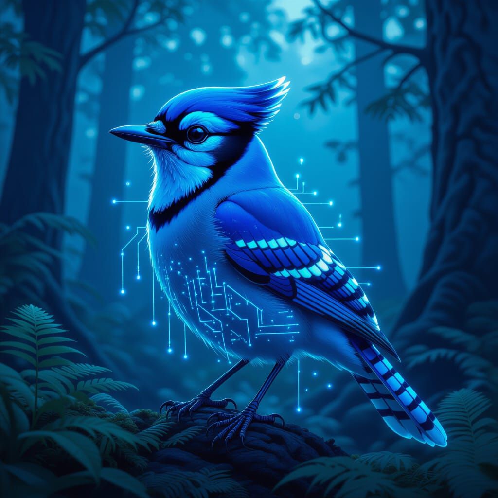 Bioluminescent Biomechanic Blue Jay in Mystical Forest