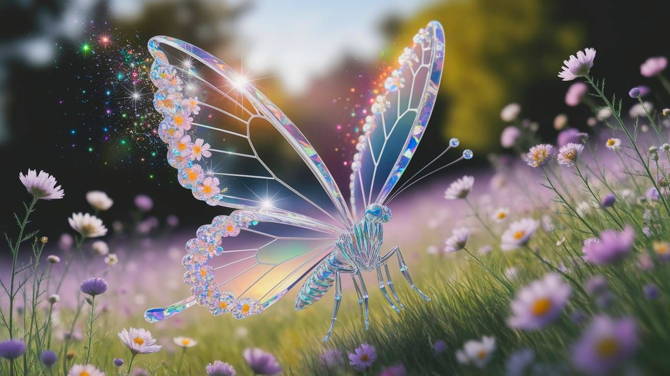 Crystal Butterfly in Sun-Drenched Meadow