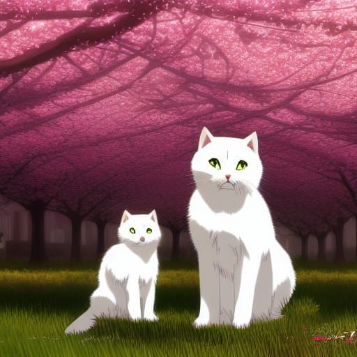 Anime Cherry Blossom Scene with White Cats