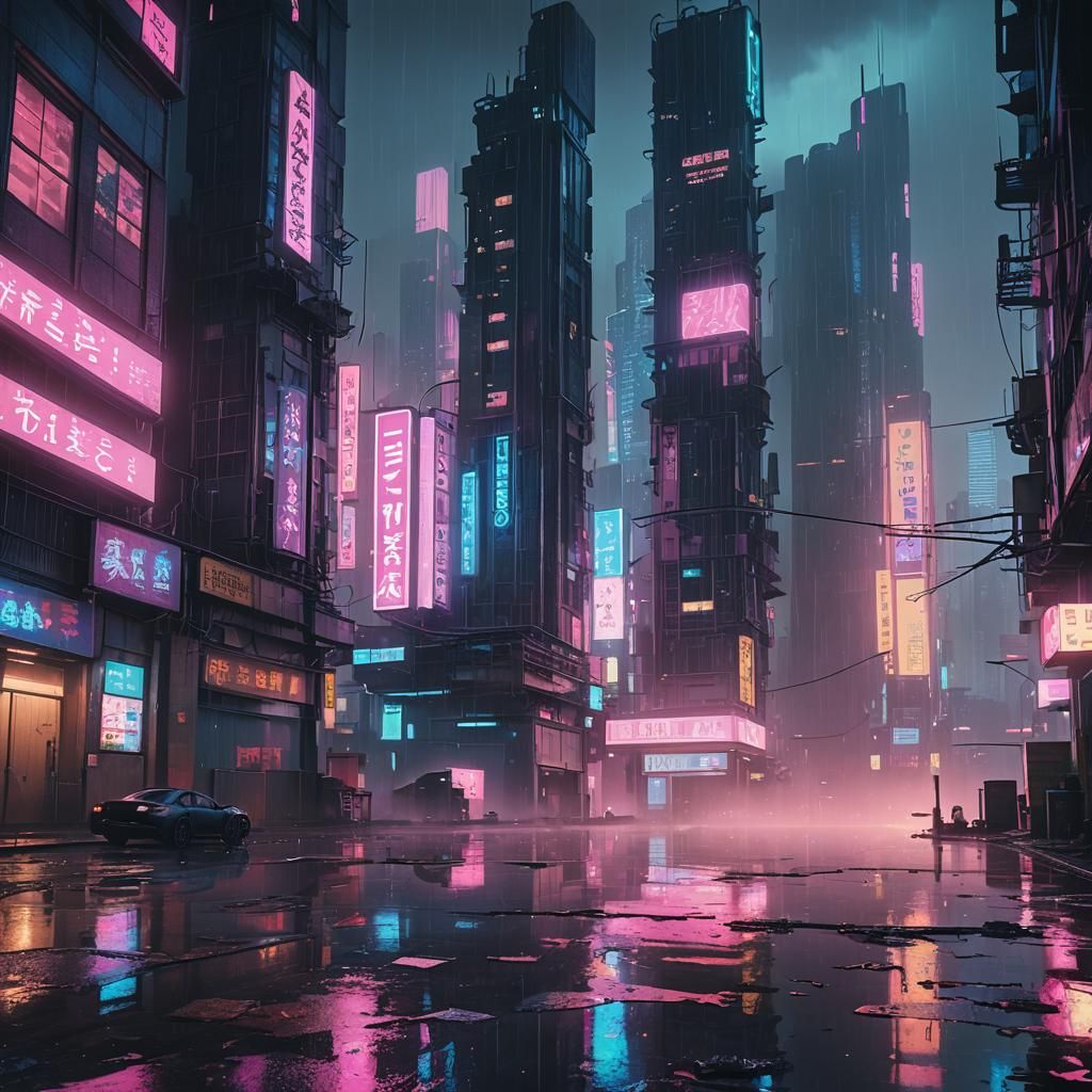 Neon Reflections in Cyberpunk Anime Cityscape