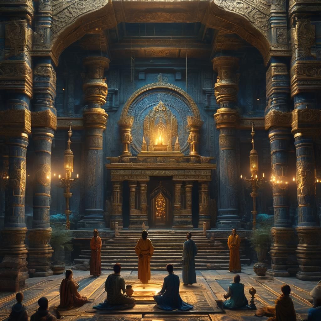 People Worship "GAM" in Mystical Temple, Fantasy Art