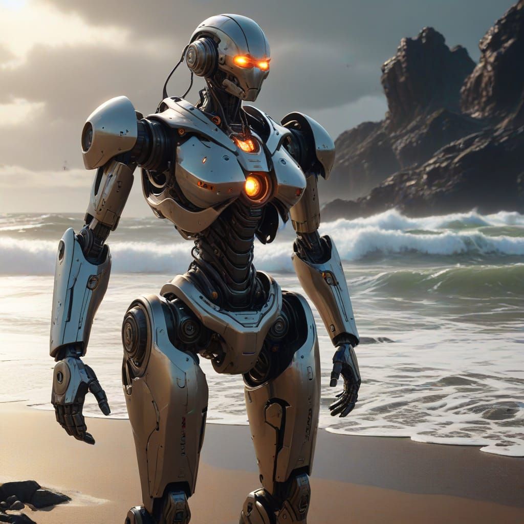 Cyborg Mother Watches Over Child on Stormy Beach