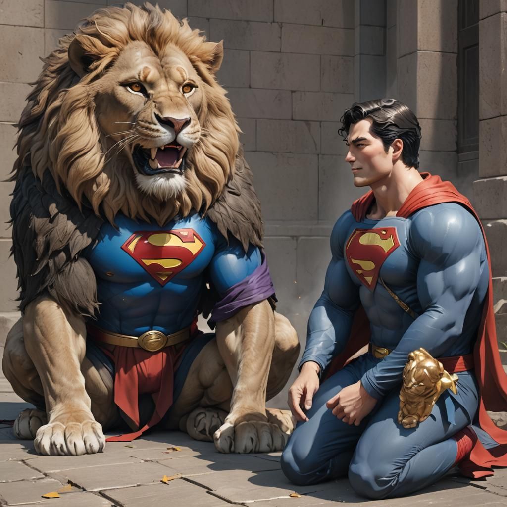 Superman Confronts Lion-Headed Man: 3D Anime Art