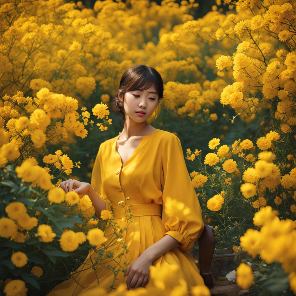 Girl in Yellow Garden with a Touch of Sadness