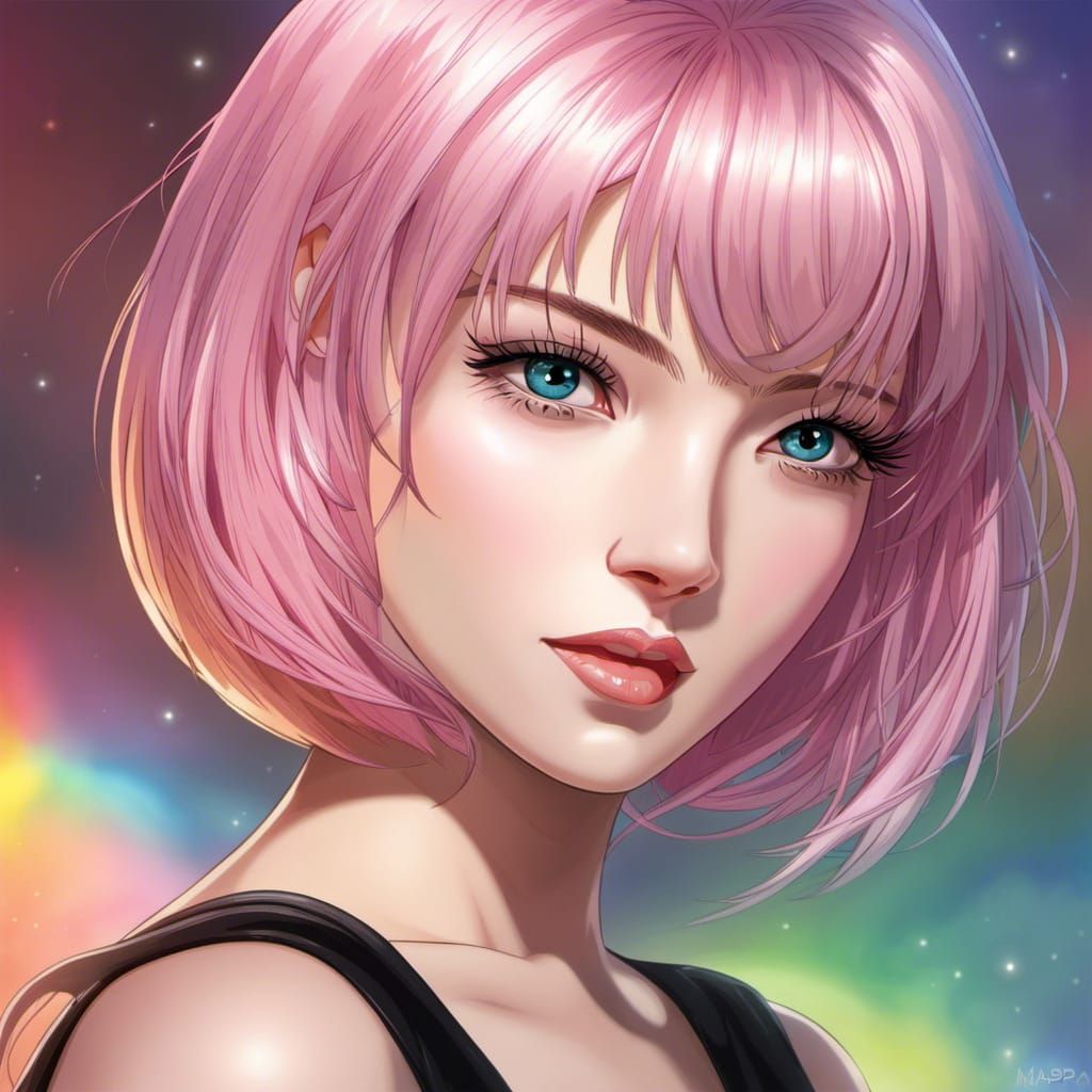 Anime Woman with Pink Hair and Rainbow Eyes