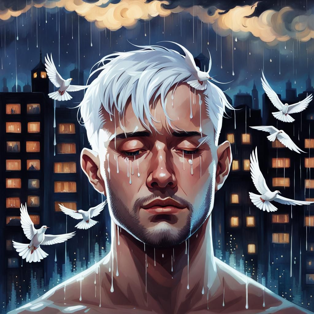 Sad Man Crying in the Rain, Digital Portrait