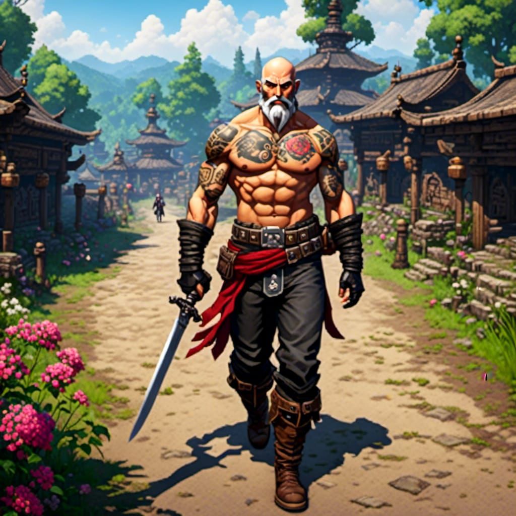 Anime Fighter Walking to Arena in Pixel Art