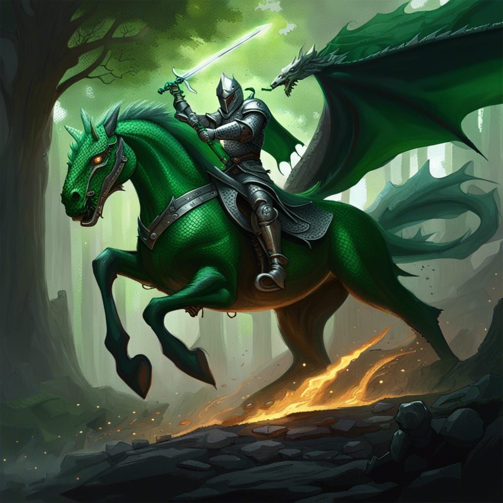 Silver Knight Battles Green Dragon in Dark Fantasy Art