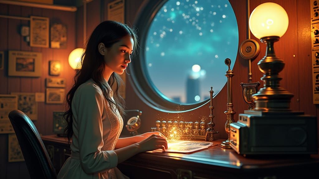 Cosmic Switchboard Operator in Retro-Futuristic Style