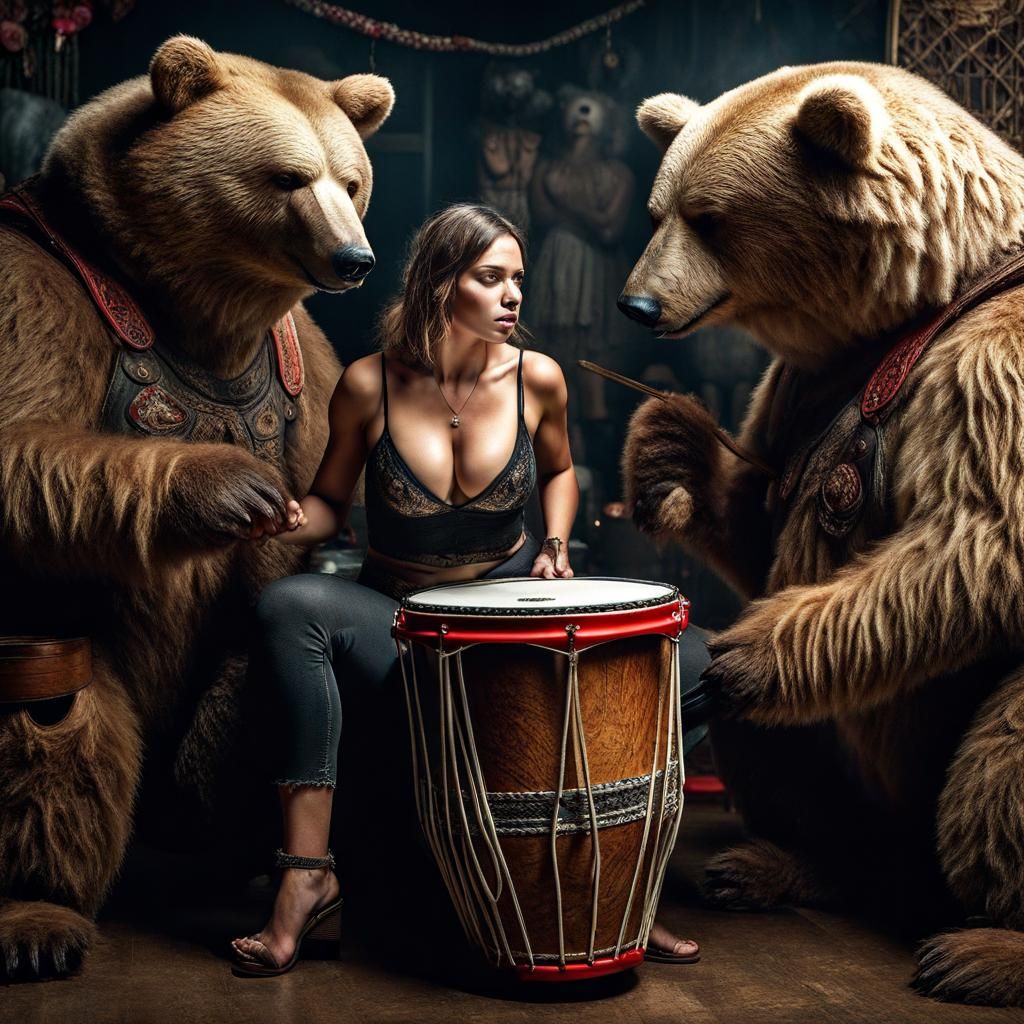 Voluptuous Woman Beats Drum for Fuzzy Bear-Men