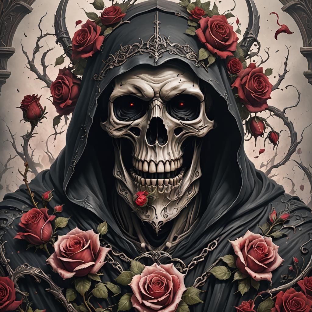 Grim Reaper Tattoo Design with Rose Crown