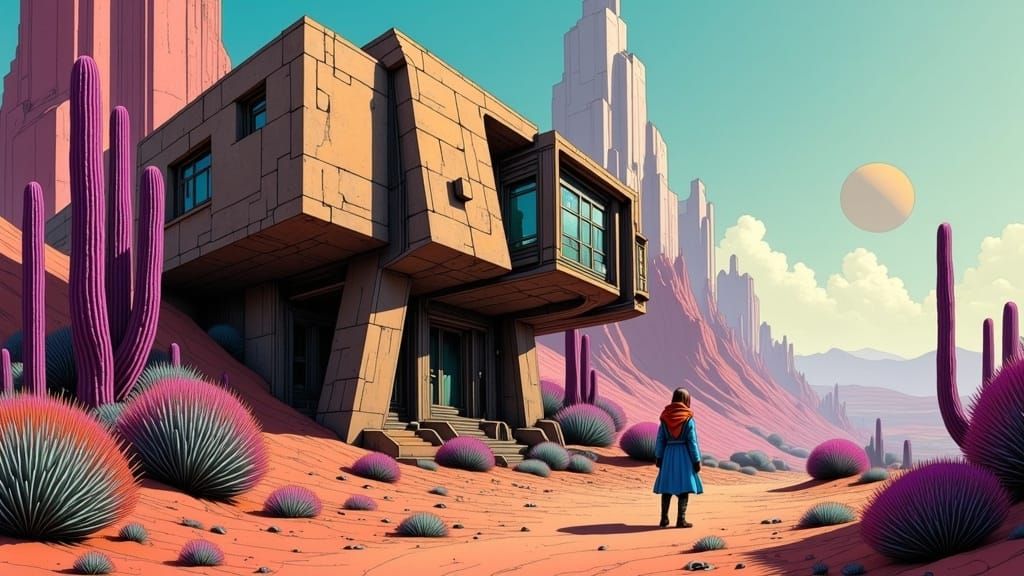 Steampunk Desert Landscape in Arthur Rackham Style