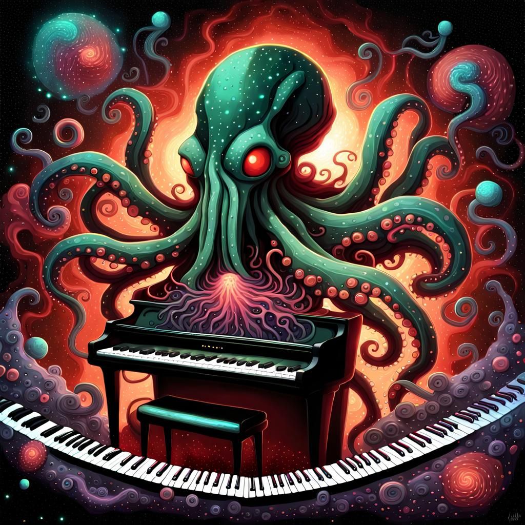 Cthulhu Plays Piano in Space: Hyperrealistic Art