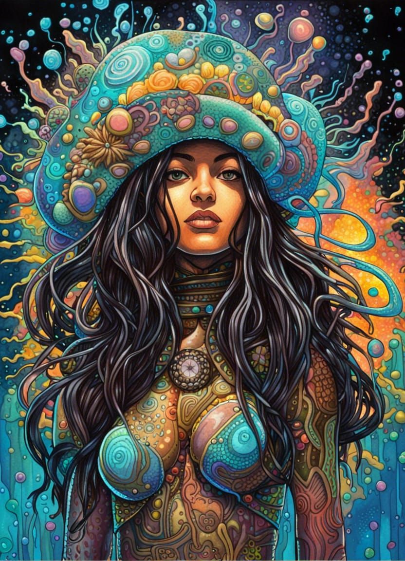 Psychedelic Pin-Up Girl in Bioluminescent Splash Art