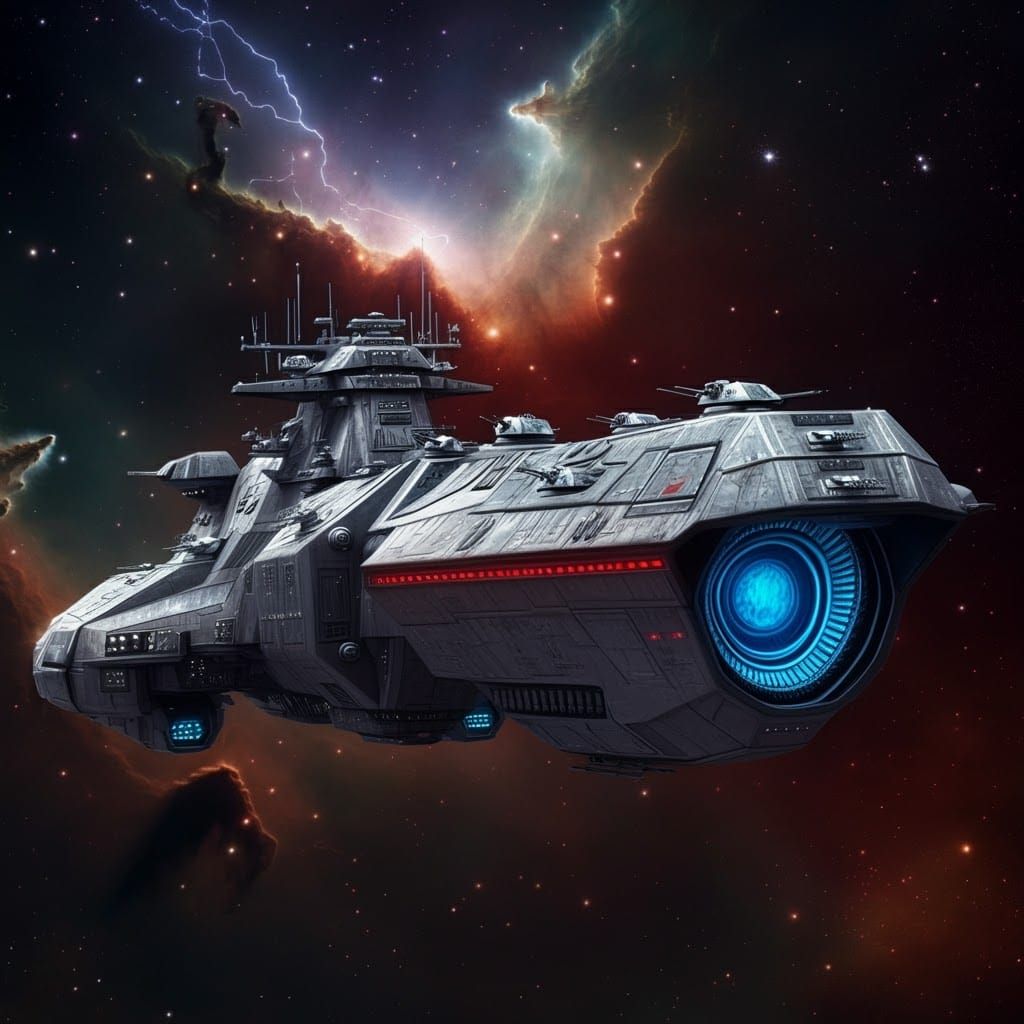 Futuristic Space Warship Patrols Nebula