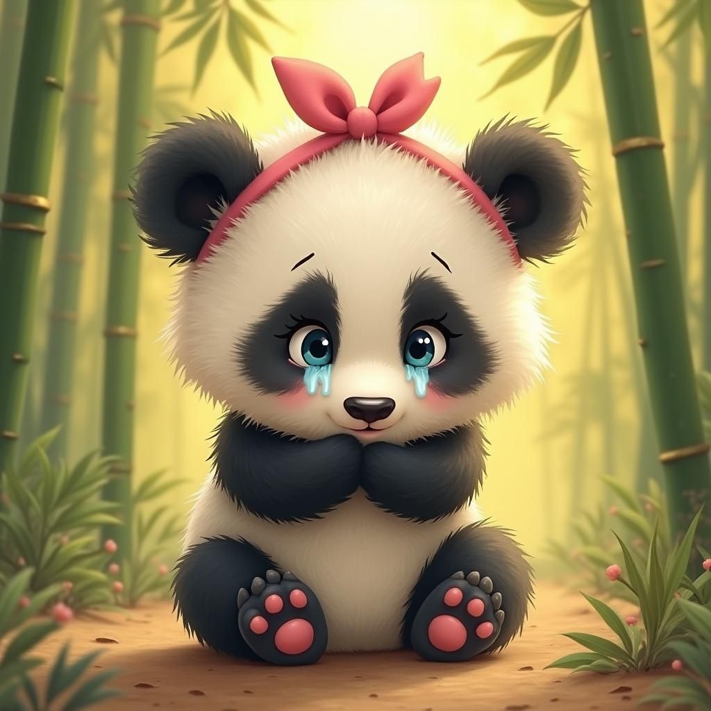 Remorseful Panda with Blue Eyes in Storybook Style