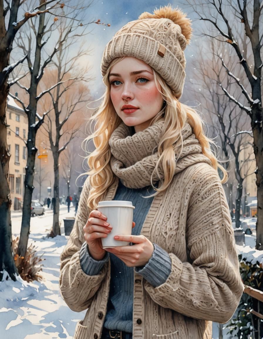 Blond Woman with Coffee on Sunny Winter Day