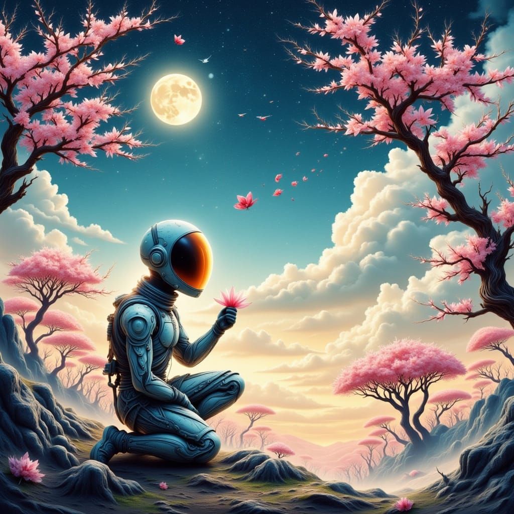 Astronaut Discovers Alien Orchid in Ukiyo-e Style