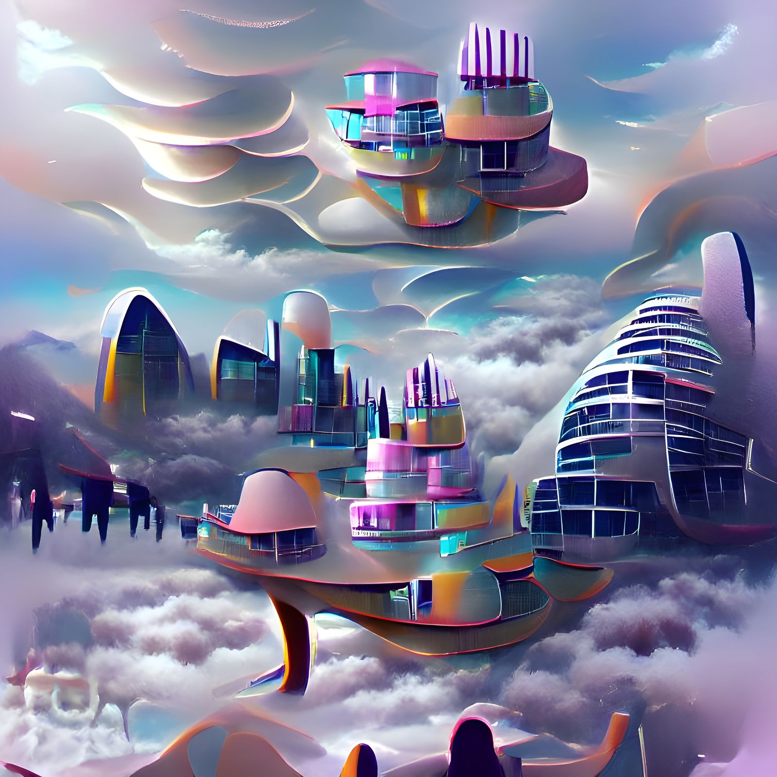 Futuristic City Floating on Clouds in Surreal Style