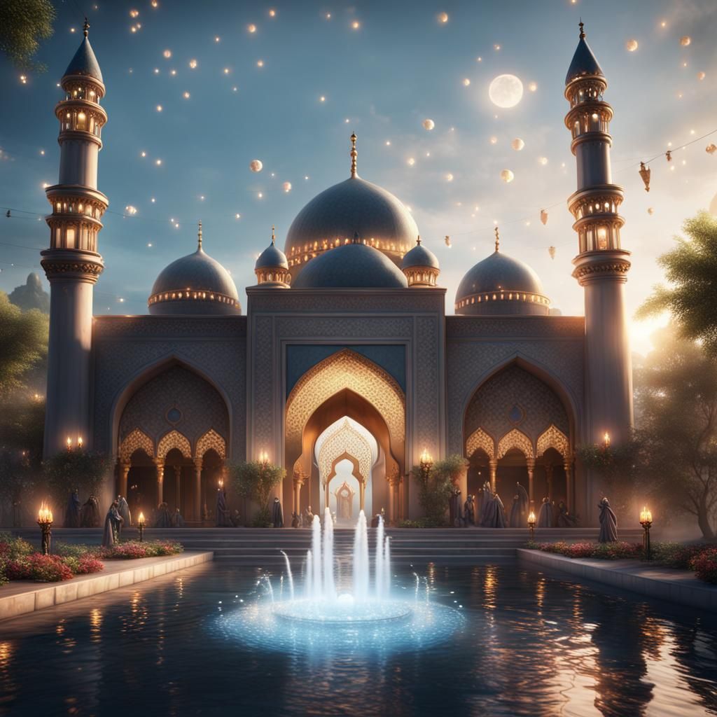 Festive Mosque Celebration with Garland Lights