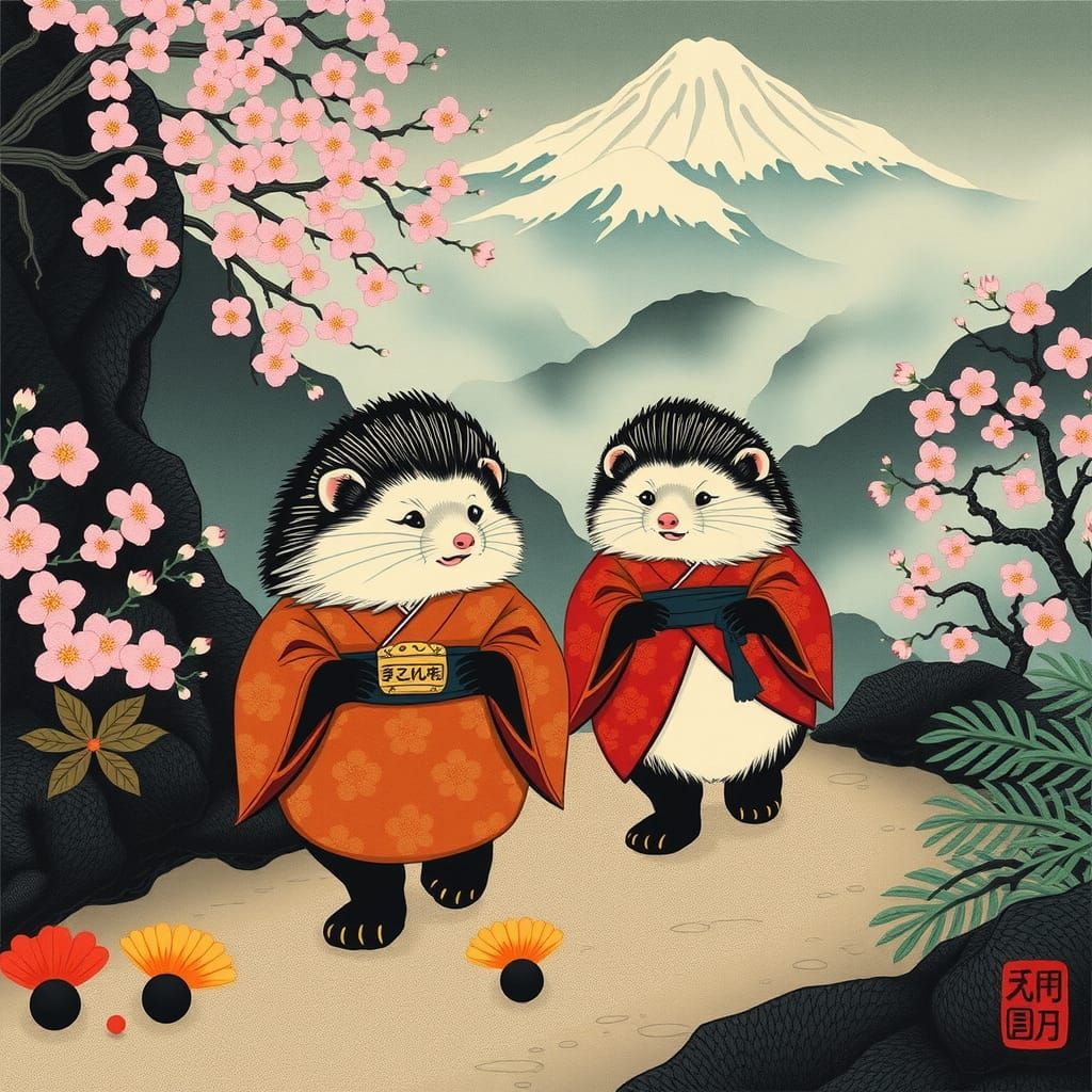 Porcupines in Ukiyo-e Style Stroll Through Misty Mountains