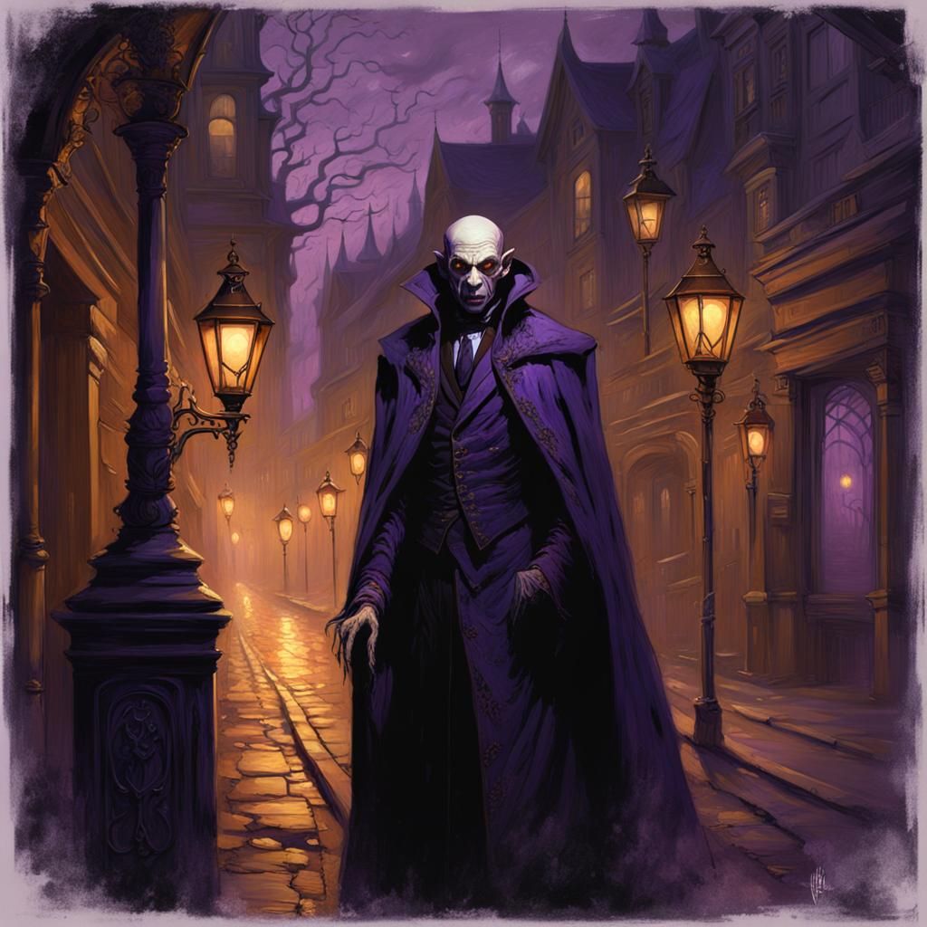 Nosferatu Vampire in Victorian Alleyway: Dark Fantasy Art