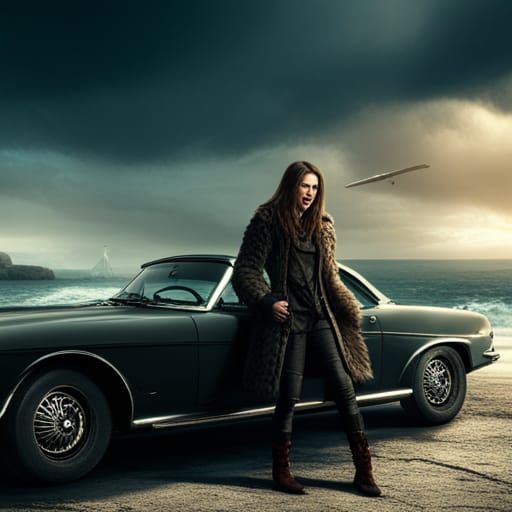 Female Assassin Laughing by the Sea: Cinematic Style